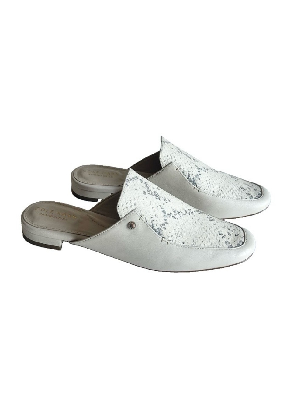Cole Haan Ivory Gray Embossed Leather Print Snake Skin Mules size 6